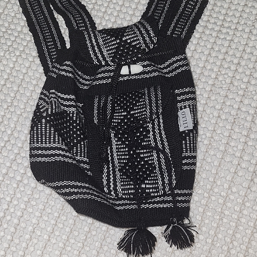 LiILLO Native Woven Drawstring Knit Backpack Hippie Cultural Black and White.